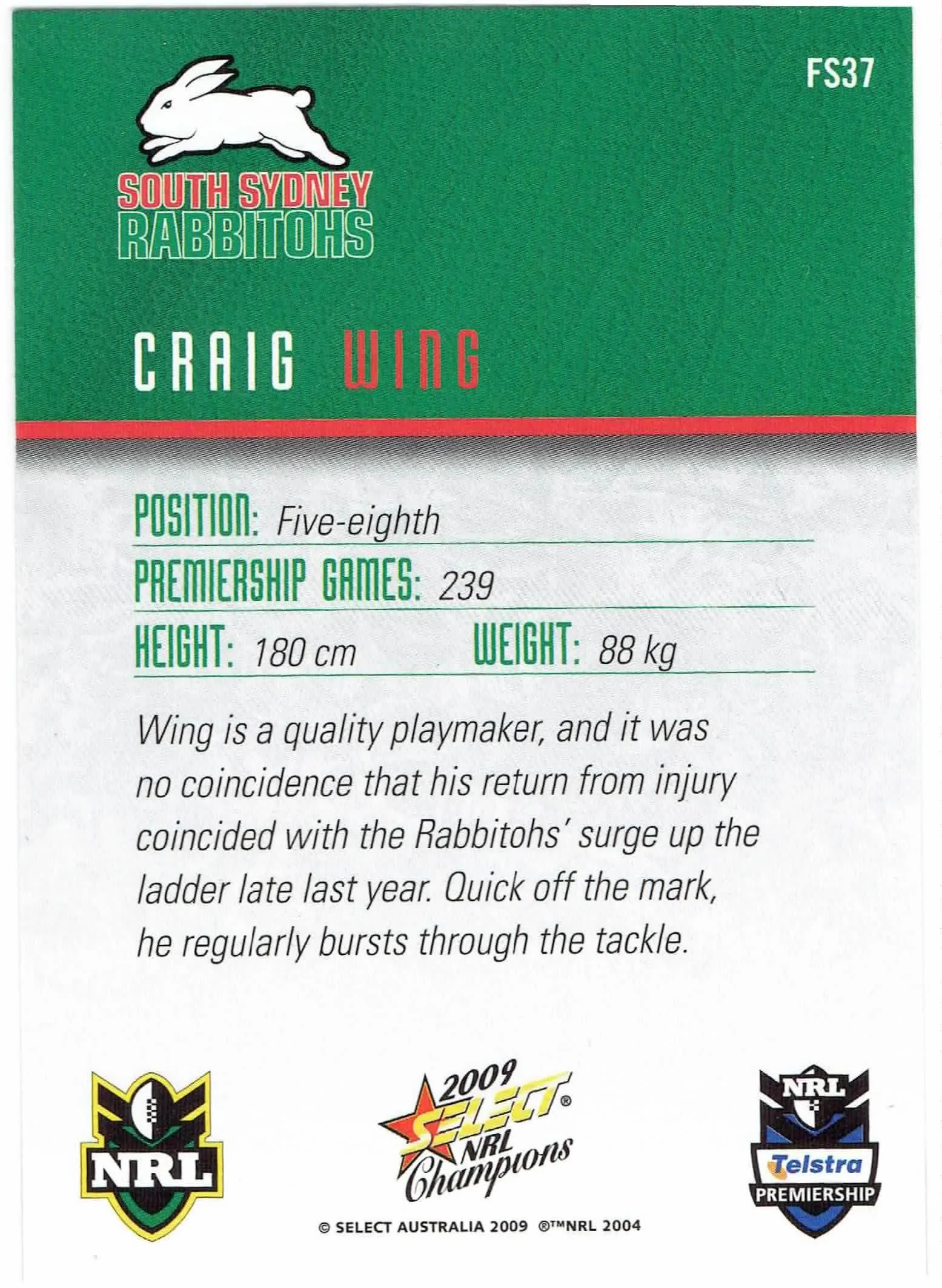 NRL2009SCFS037b_2009_select_NRL_champions_red_foil_signature_craig_wing_FS37.JPG