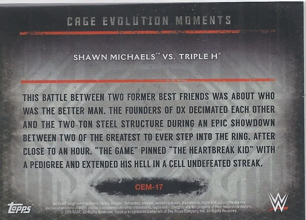 WWE2015UCEMRP17b_2015_topps_wwe_undisputed_cage_evloution_moments_red_parallel_shawn_michaels_triple_h_CEM17.jpg