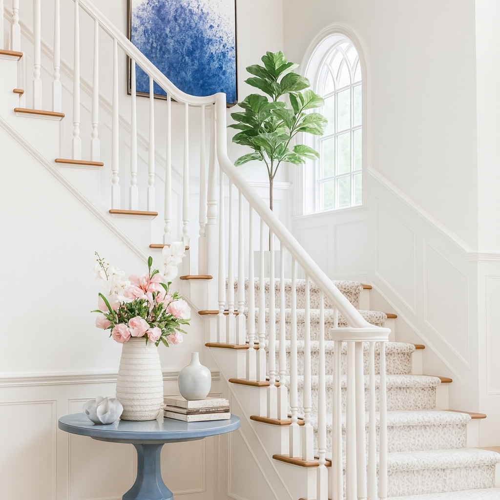 Interior of a bright, elegant staircase area with white walls, a large window, a green plant, and a small table with pink flowers, books, and decorative objects.