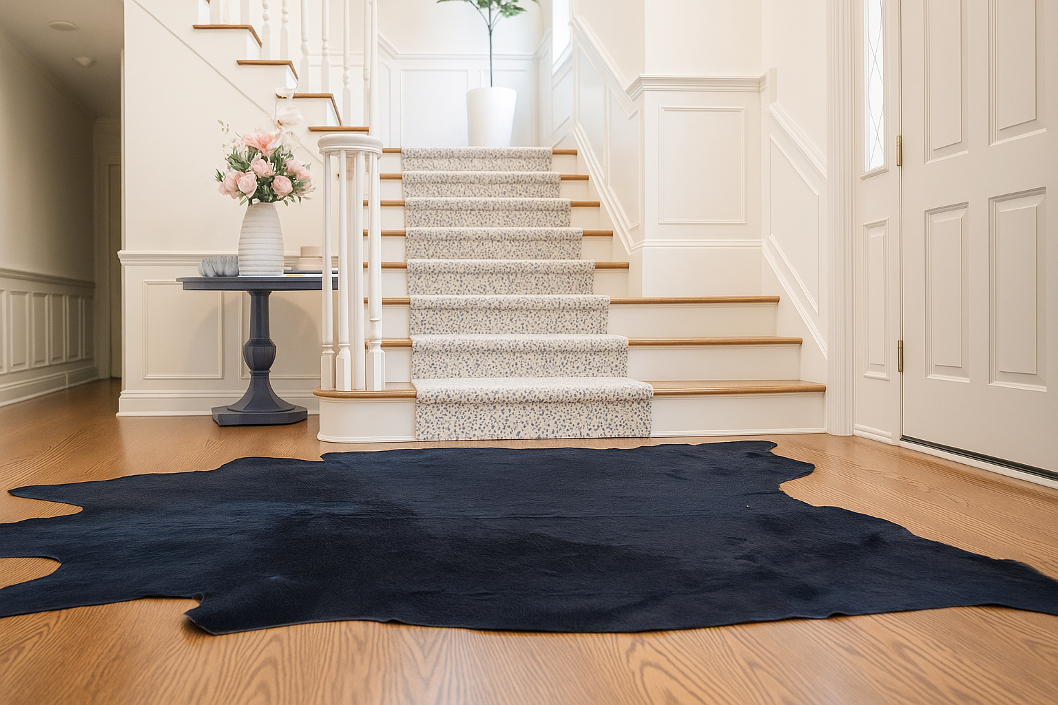 Entryway with curved staircase, beige carpeting, black cowhide rug on wooden floor, white walls, and a small round side table with a vase of pink and white flowers.