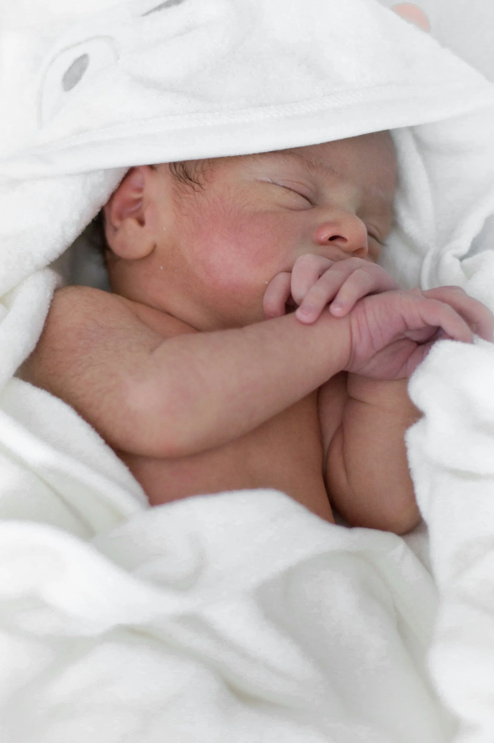 A newborn baby sleeping peacefully, wrapped in white blankets.