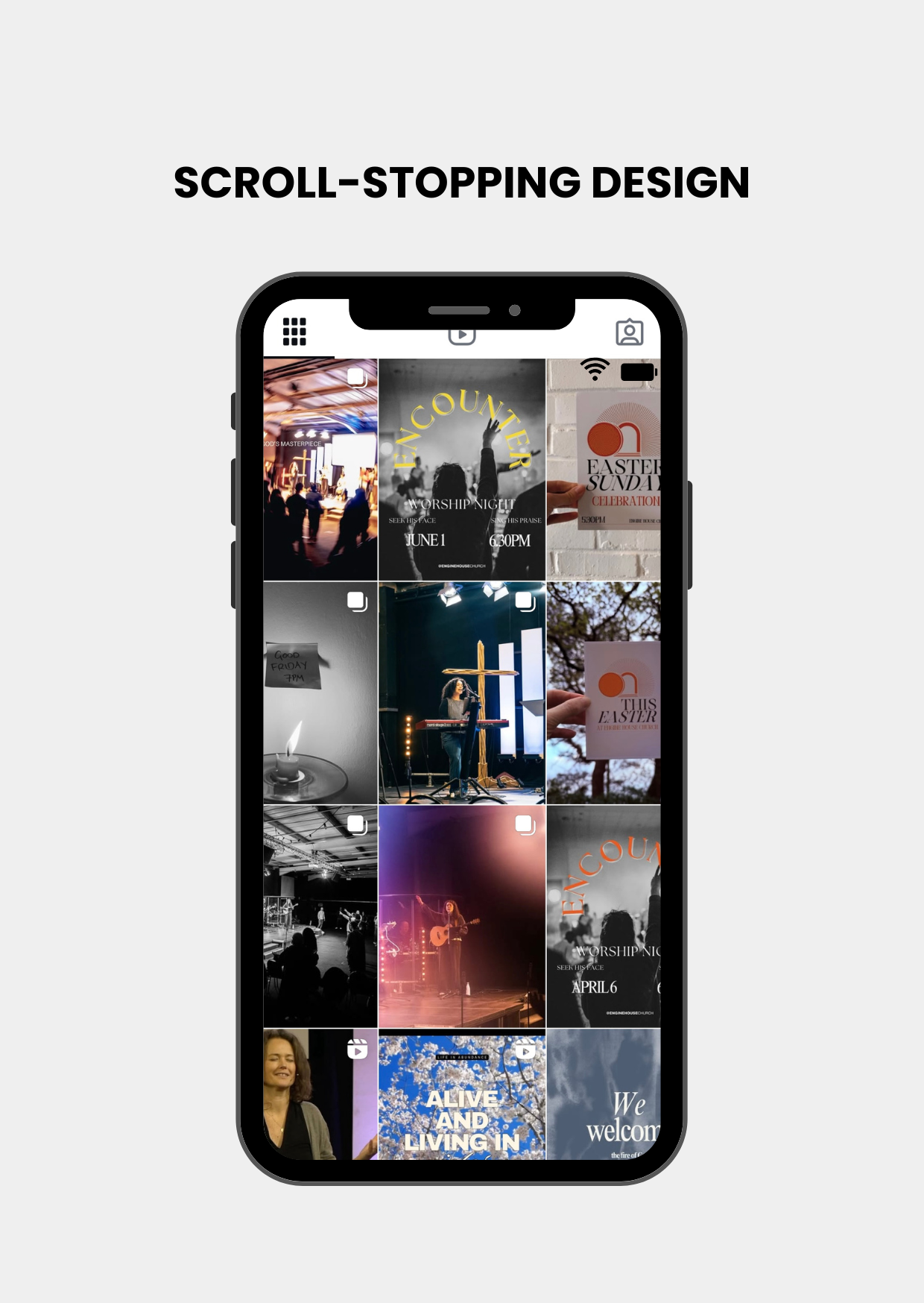 A smartphone screen displaying a grid of social media posts with a scroll-stopping design, including images of events, graphics, and text promoting worship nights, celebrations, and community activities.