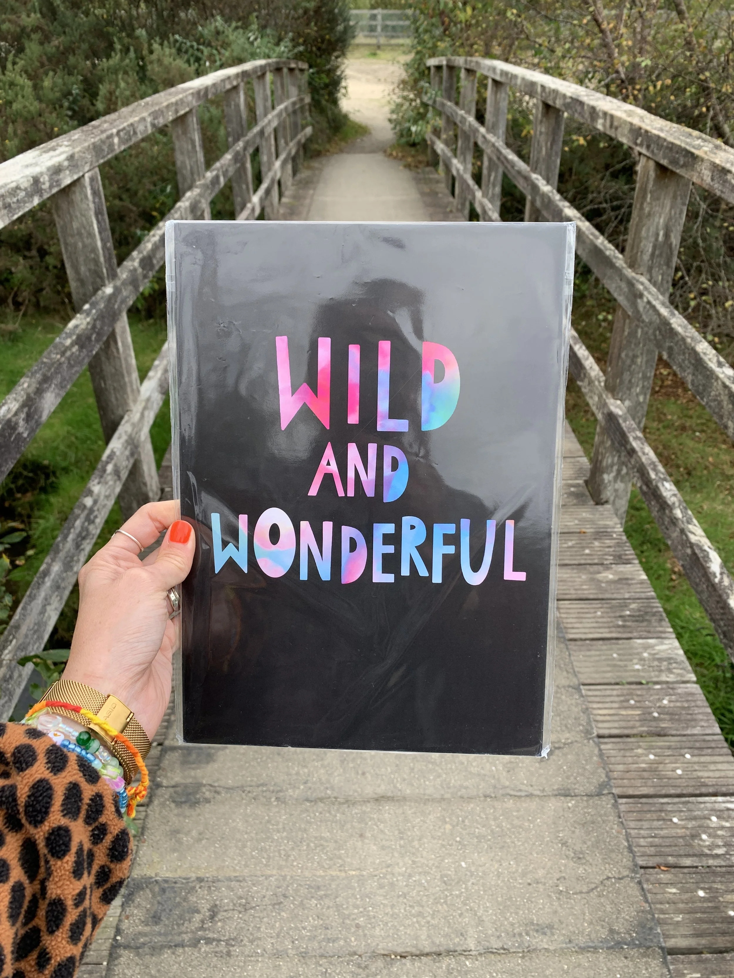 A hand holding a sign that says 'WILD AND WONDERFUL' in multicolored letters, with a wooden bridge and greenery in the background.