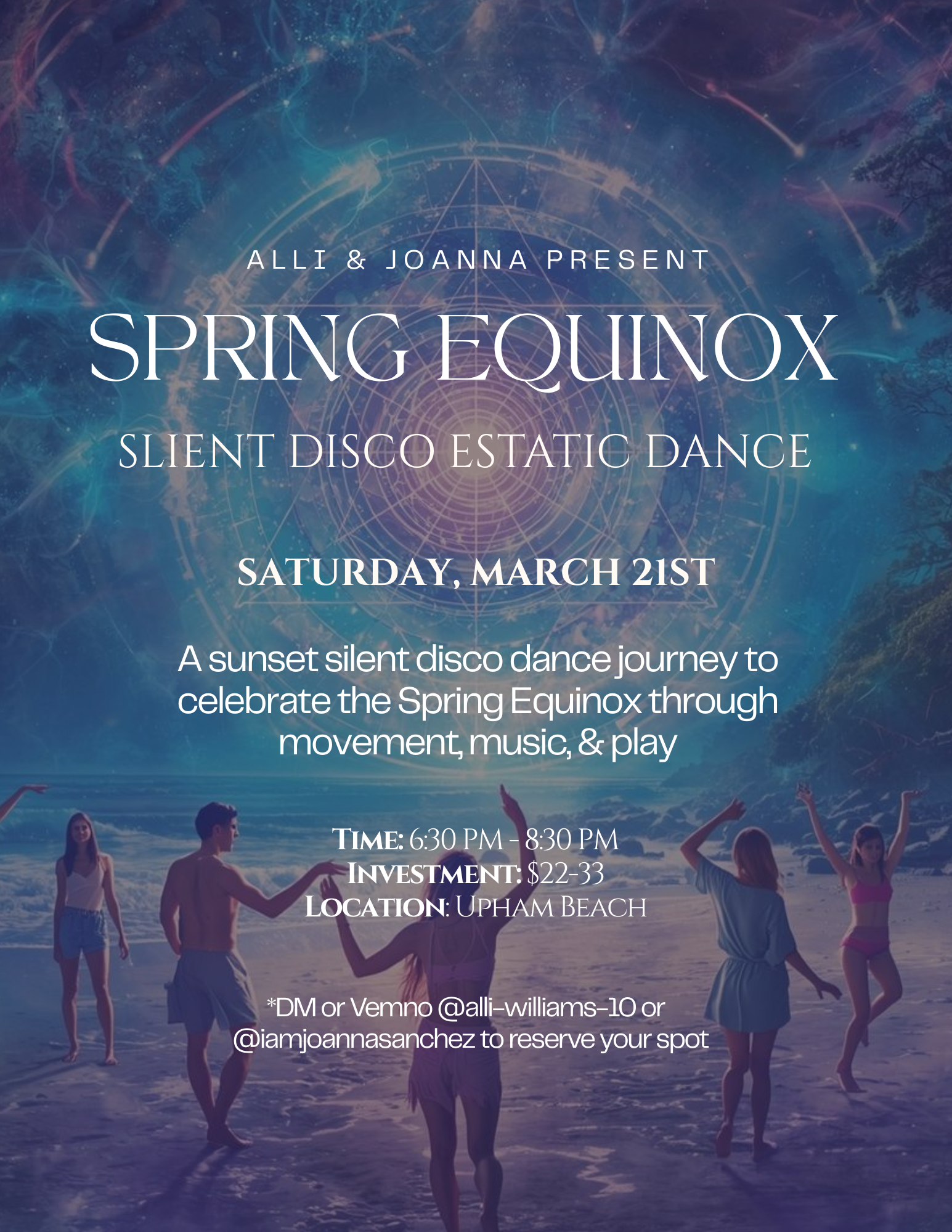 Event poster for Spring Equinox silent disco dance event at Upham Beach with people dancing on the beach at sunset, with a cosmic background and geometric design.