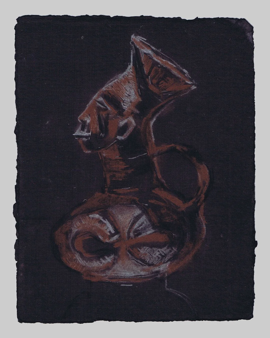 Richard Moss, Pottery vessel with human
head, 1910, Congo, 2025, Charcoal and chalk on paper, 8.3 x 11.7 inches