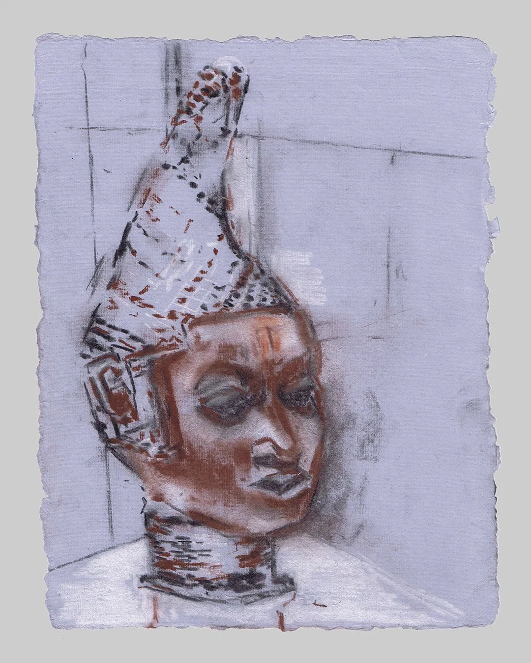 Richard Moss, Head of Queen Mother, cast
brass, Benin, 16th Century, 2025, Charcoal and chalk on paper, 8.3 x 11.7 inches