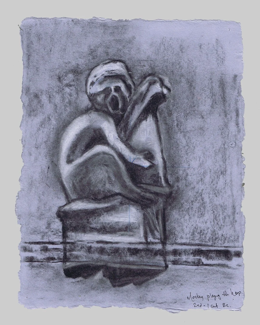 Richard Moss, Terracotta monkey playing the
harp, Roman-Egyptian 1st-2nd century AD, 2025, Charcoal and chalk on paper, 8.3 x 11.7 inches