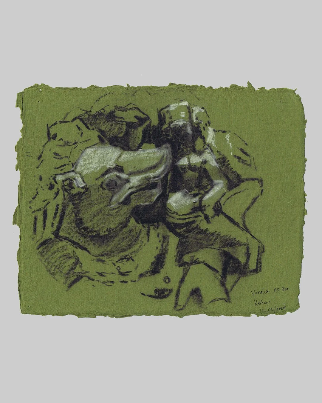 Richard Moss, Varaha, Kashmir, 800 AD, 2025, Charcoal and chalk on paper, 8.3 x 11.7 inches