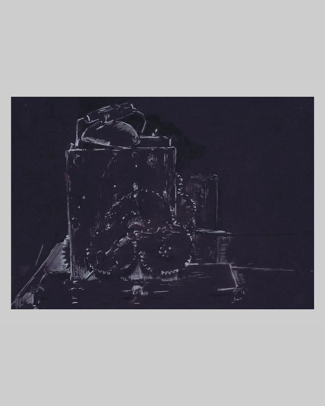 Richard Moss, Riley Whiting clock, 1825, 2025, Charcoal and chalk on paper, 16.5 x 11.7 inches