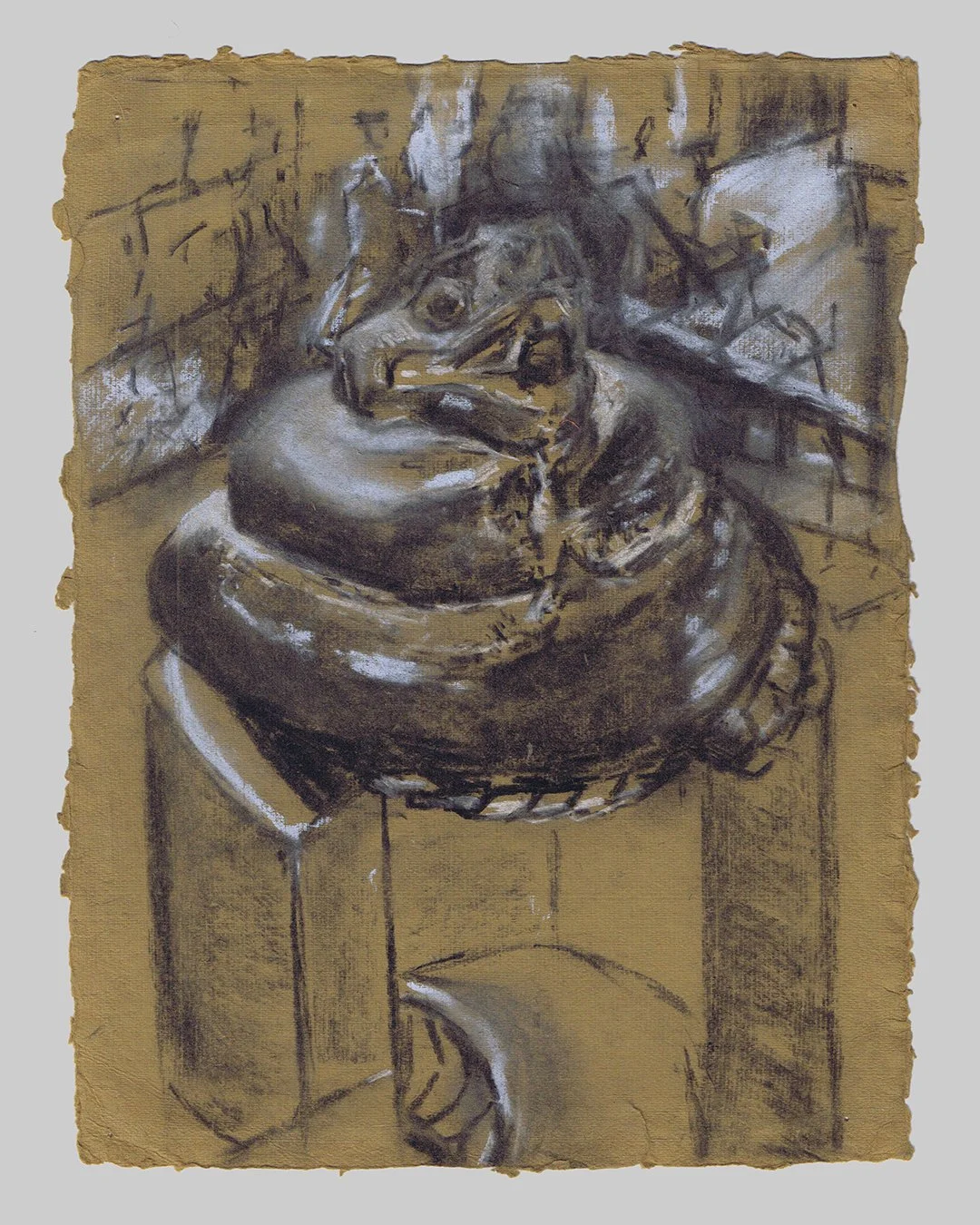 Richard Moss, Granite rattlesnake,
Mexico 1325 - 1521, 2025, Charcoal and chalk on paper, 8.3 x 11.7 inches