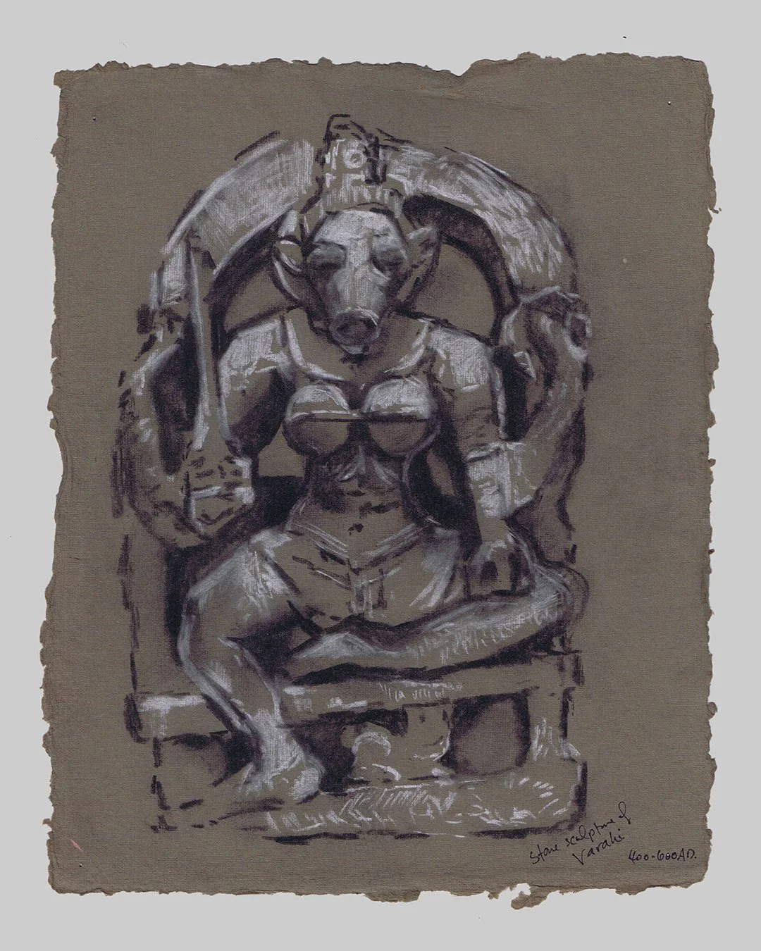 Richard Moss, Stone Sculpture of Varahi
400-600 AD, 2025, Charcoal and chalk on paper, 8.3 x 11.7 inches