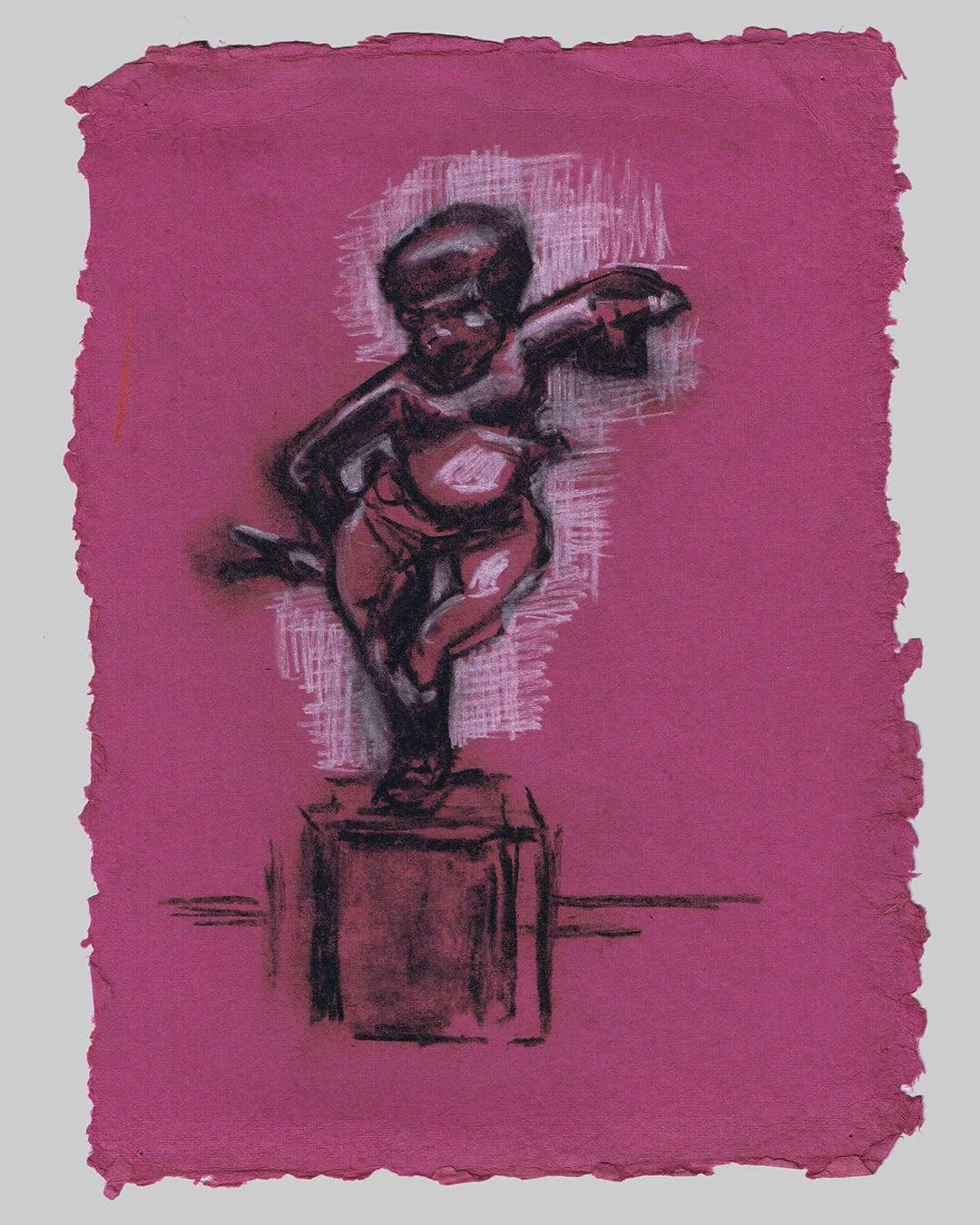 Richard Moss, Bronze figure of dwarf entertainer dancing and playing castenets, Roman, 1st century AD, 2025, Charcoal and chalk on paper, 8.3 x 11.7 inches