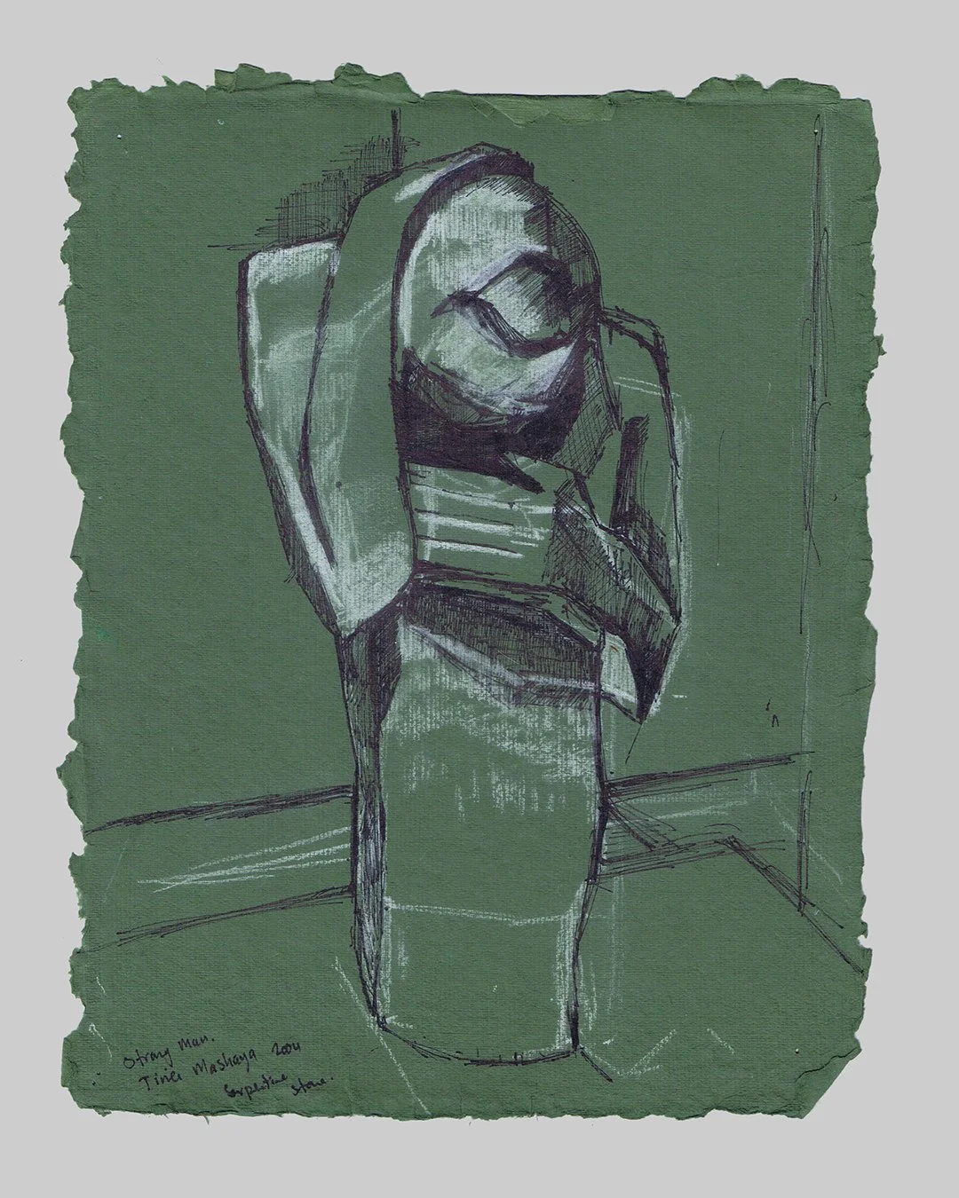 Richard Moss, Serpentine stone, Man,
Zimbabwe, 2025, Charcoal and chalk on paper, 8.3 x 11.7 inches
