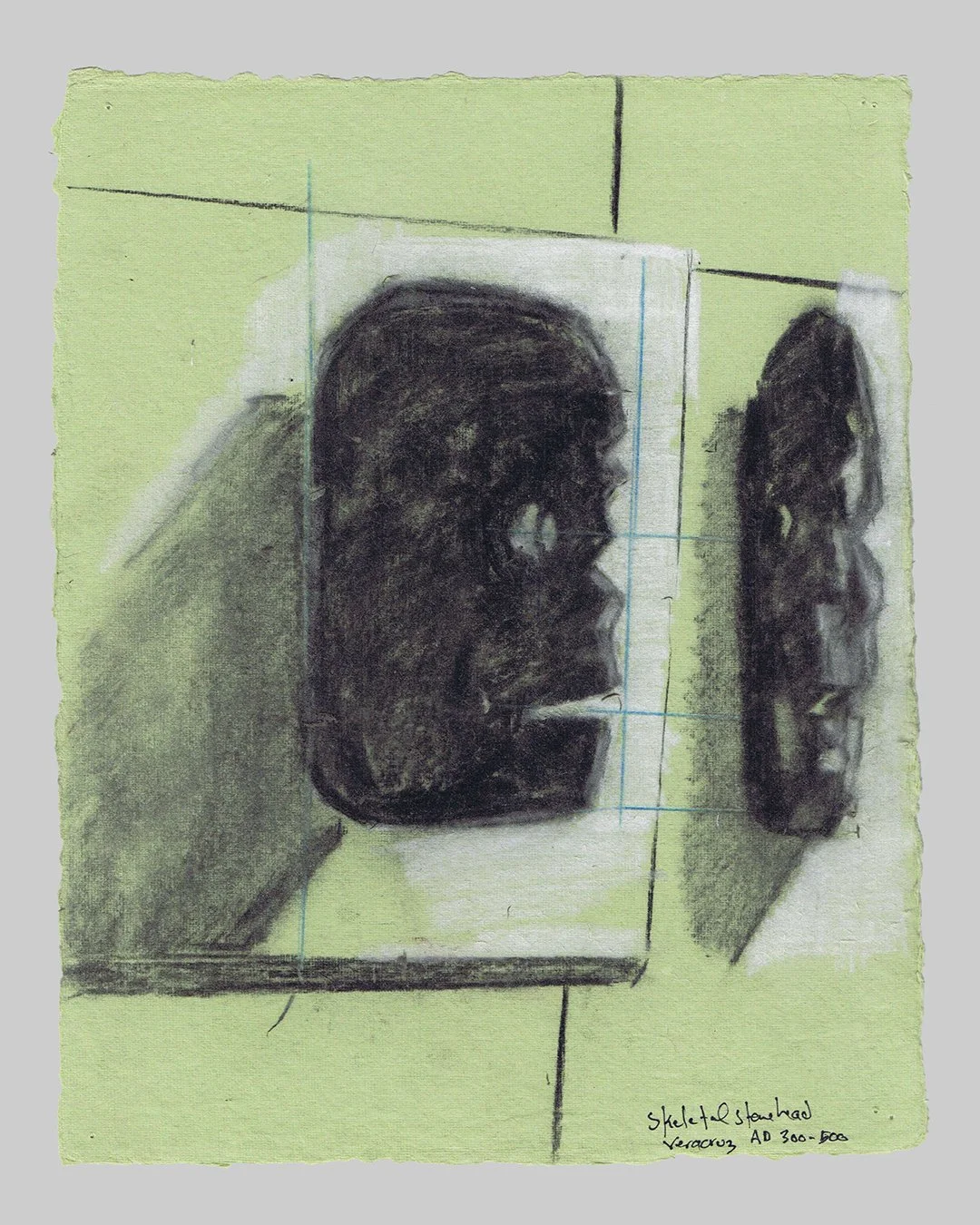 Richard Moss, Skeletal head in stone
Veracruz, 300-500 AD, 2025, Charcoal and chalk on paper, 8.3 x 11.7 inches