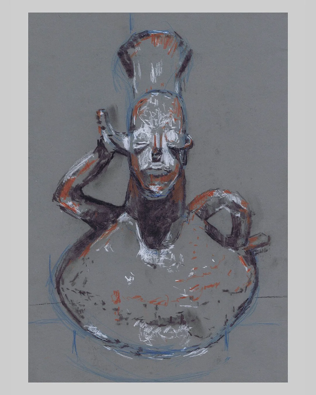 Richard Moss, Pottery vessel with human
head, Congo, 1910, 2025, Charcoal and chalk on paper, 16.5 x 11.7 inches
