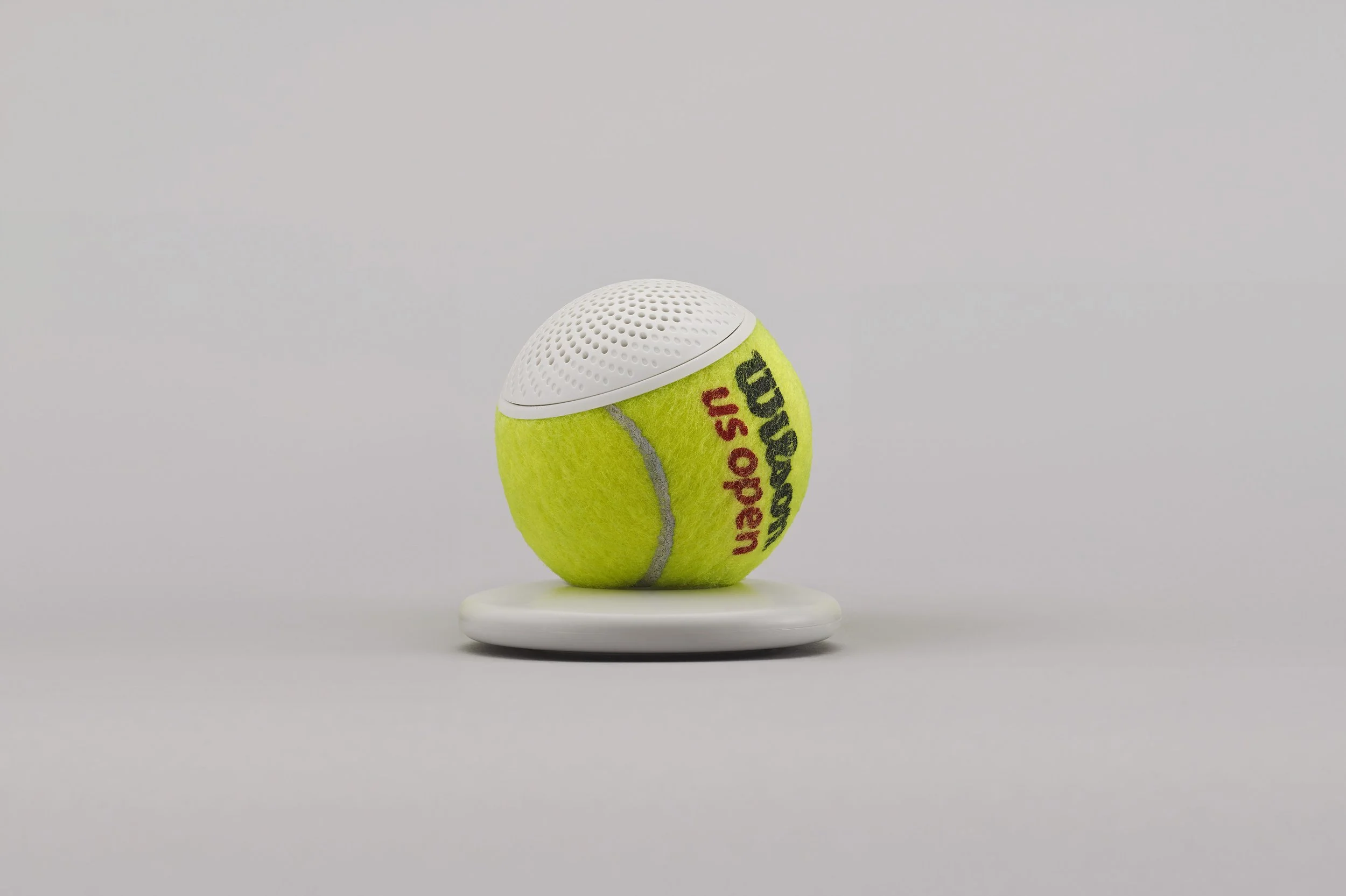 Richard Moss, hearO, 2017, Repurposed tennis ball, electronics, audio speaker, abs plastic