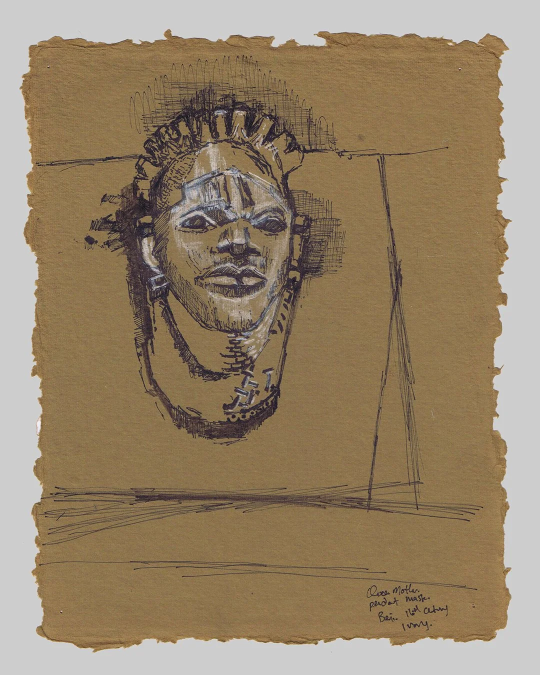 Richard Moss, Queen Mother Mask in ivory, Benin, 16th Century, 2025, Pen and chalk on paper, 8.3 x 11.7 inches