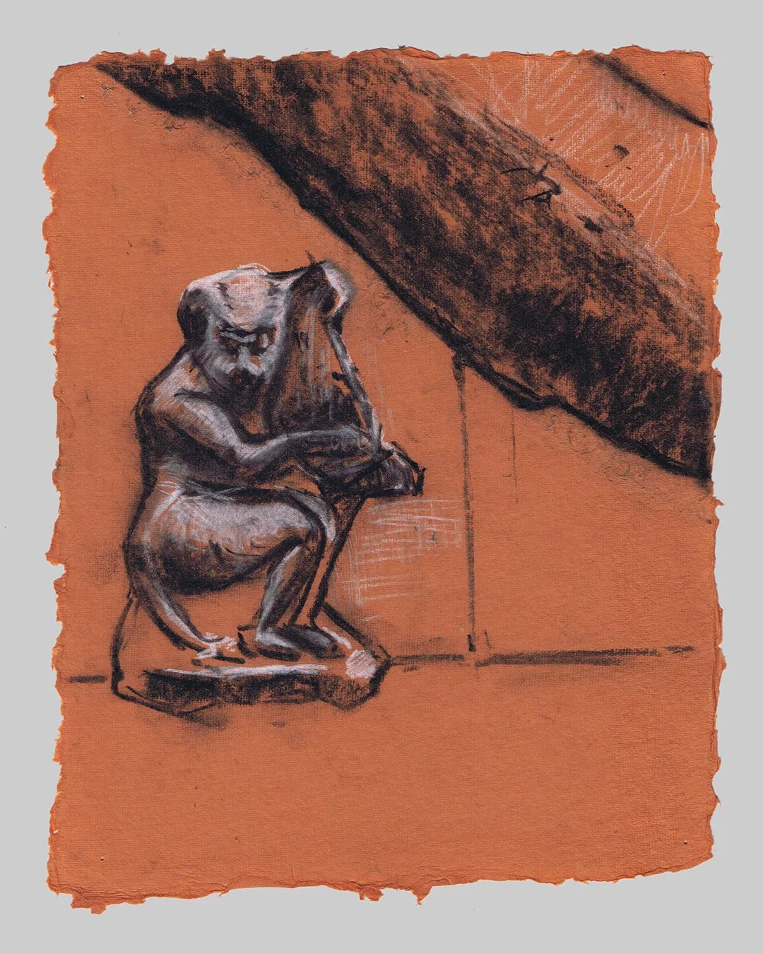 Richard Moss, HMonkey playing the harp,
Roman, 1-2nd Century BC, 2025, Charcoal and chalk on paper, 8.3 x 11.7 inches