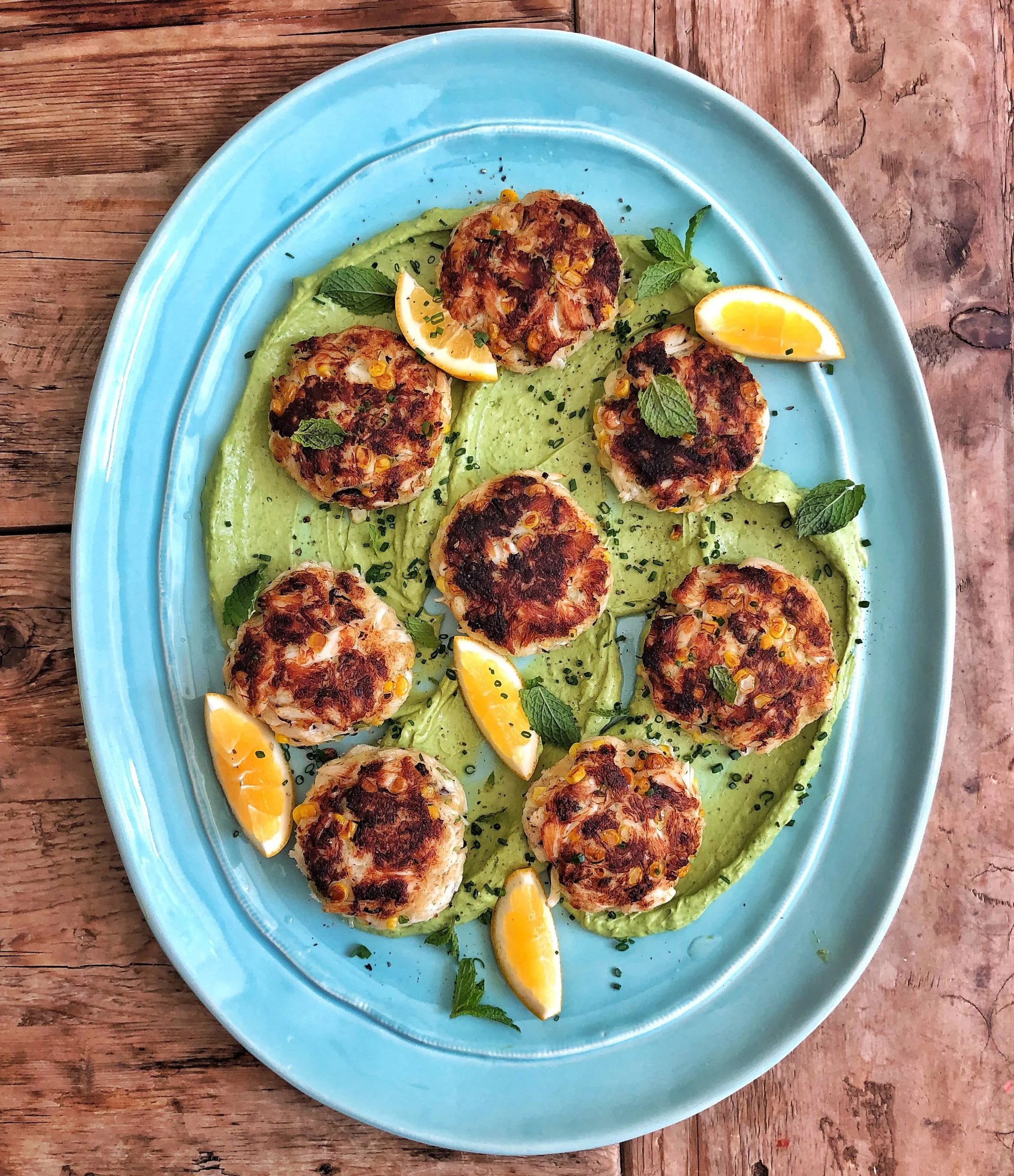 Lemon and Basil Crab Cakes with an Avocado Green Goddess Sauce