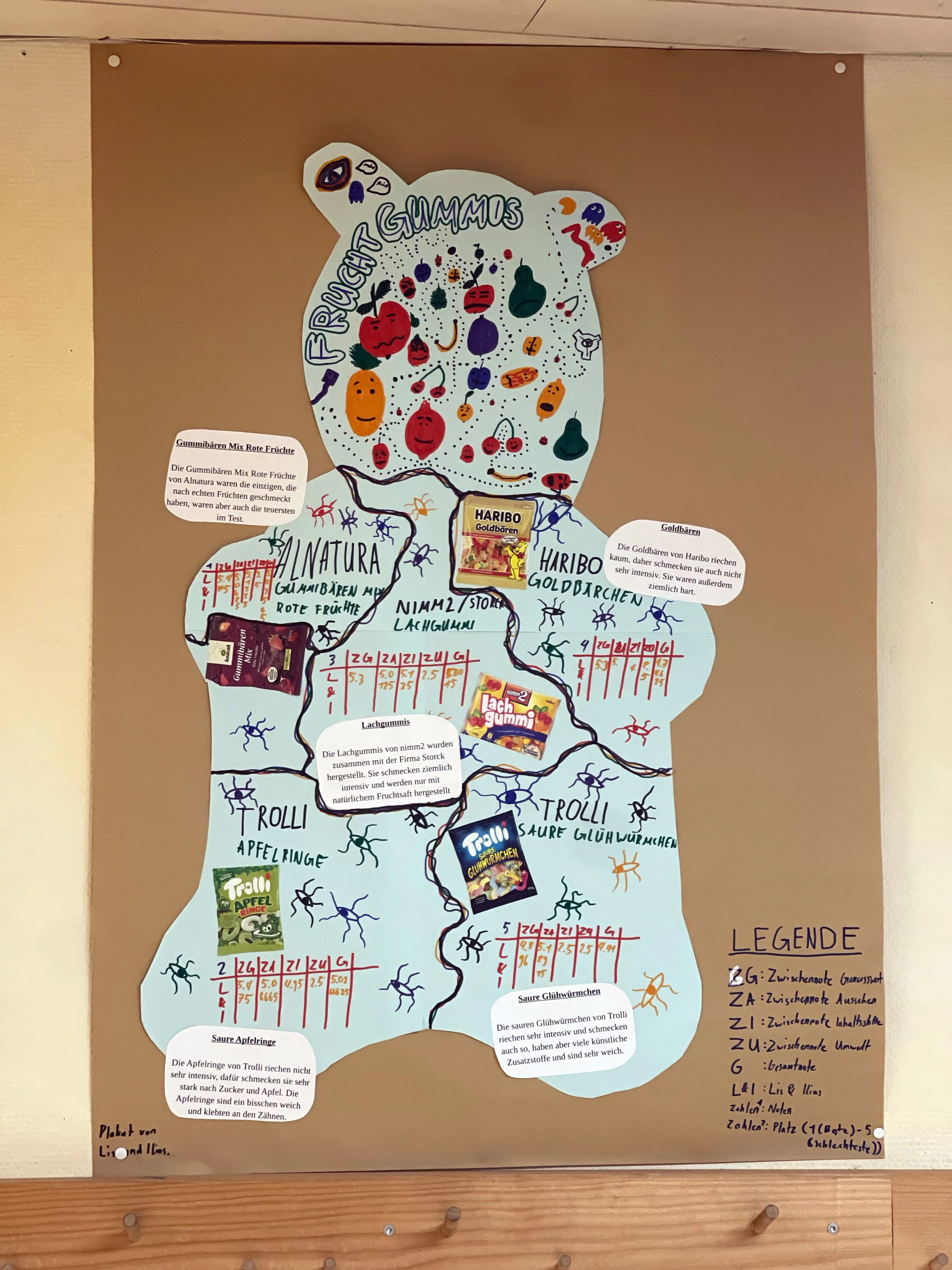 Plakat eines Schulprojekts in Form eines Bären mit handgeschriebenen Informationen über Gummibärchen