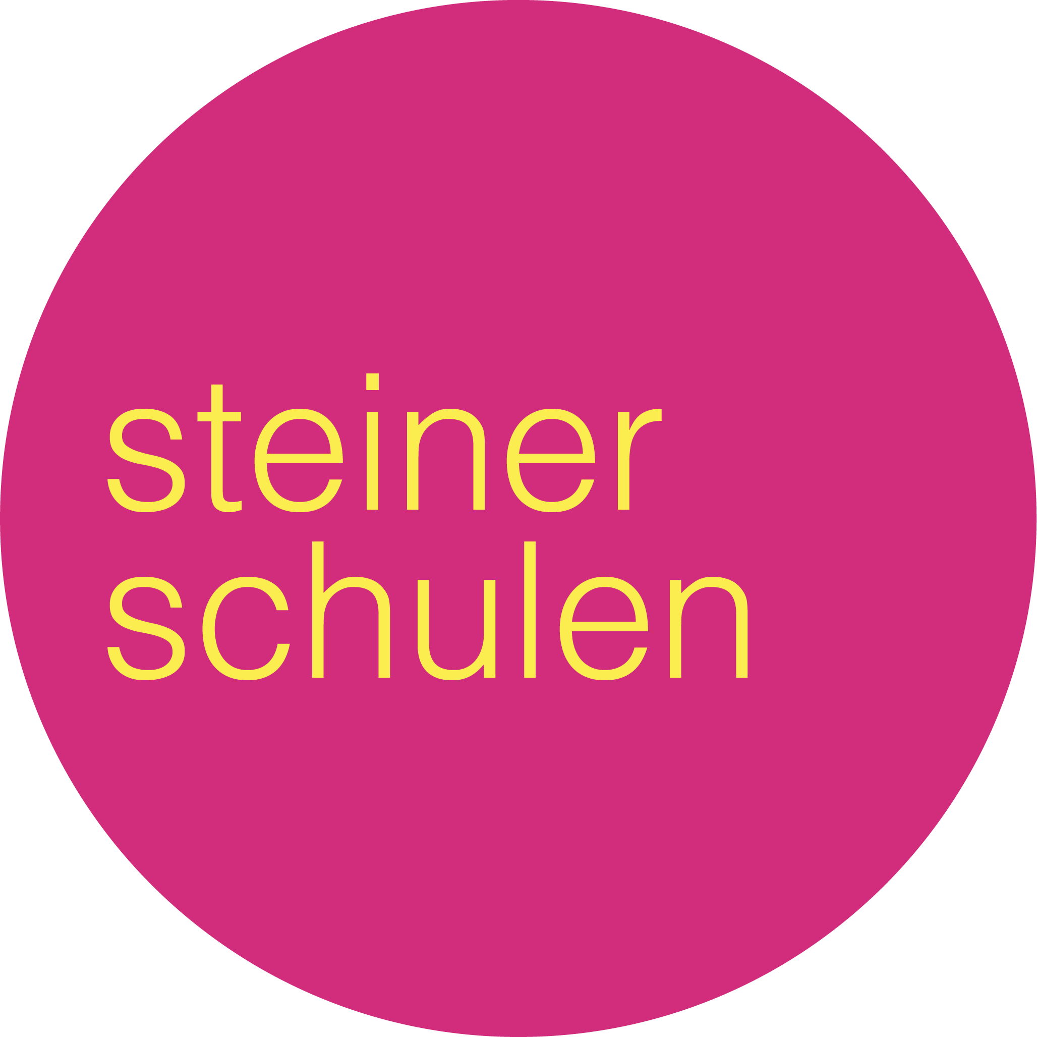 Pinkem Kreis mit gelbem Text 'steiner schulen' in der Mitte.