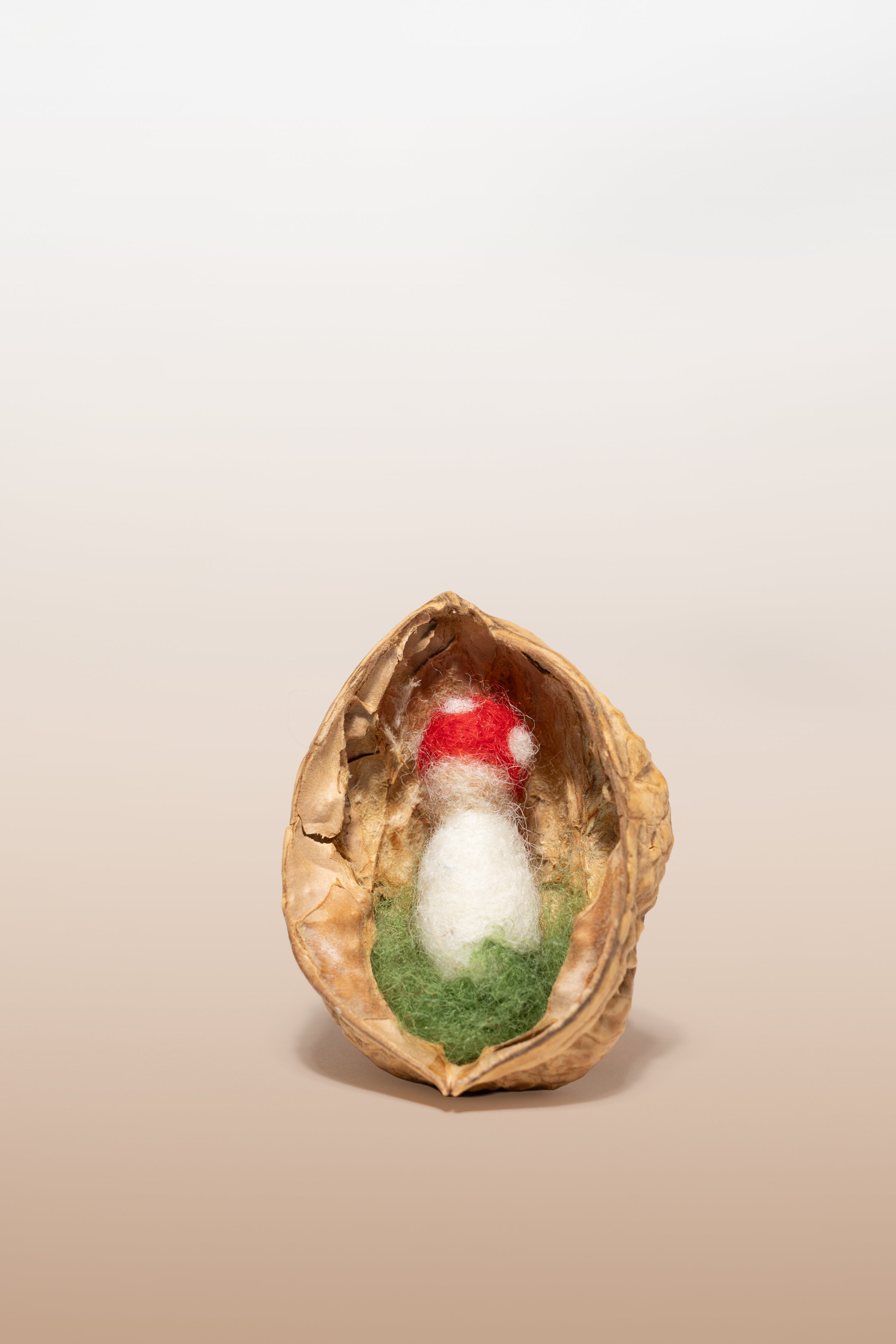 Miniatur Winzige Filzfigur in halber Walnussschale.Waldorfart. Eine Walnuss, die geöffnet wurde, mit einer kleinen, filzartigen Weihnachtsmannfigur darin, die auf grünem Filz sitzt.