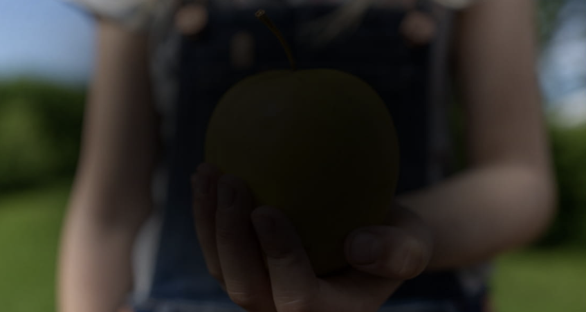 Persona sosteniendo una fruta (posiblemente una manzana o durazno) al aire libre con fondo borroso de vegetación.