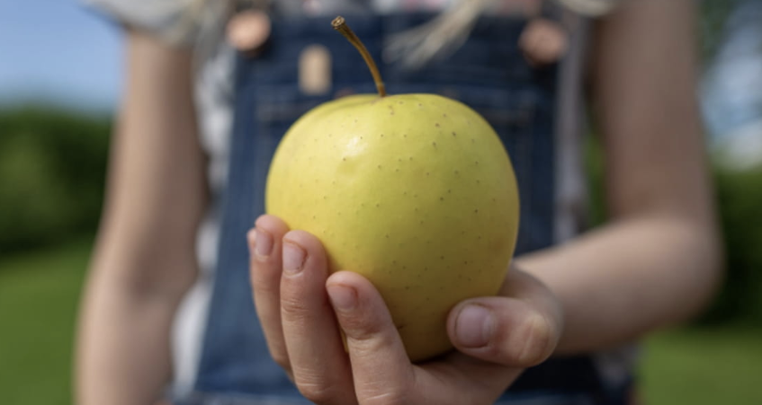 Mano sosteniendo una manzana amarilla en un entorno exterior
