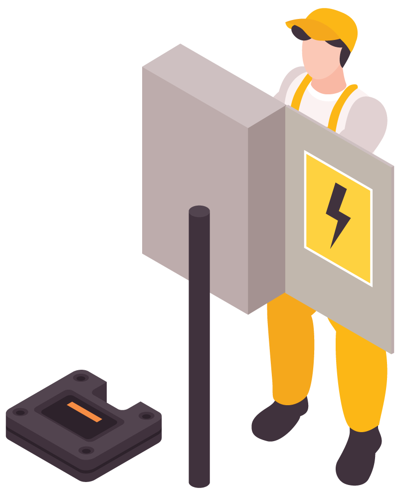An illustration of a worker in yellow pants, gray shirt, yellow cap, standing next to a gray electrical panel with a yellow lightning bolt safety sign, and a black grounding wire connected to a dark gray grounding device on the floor.
