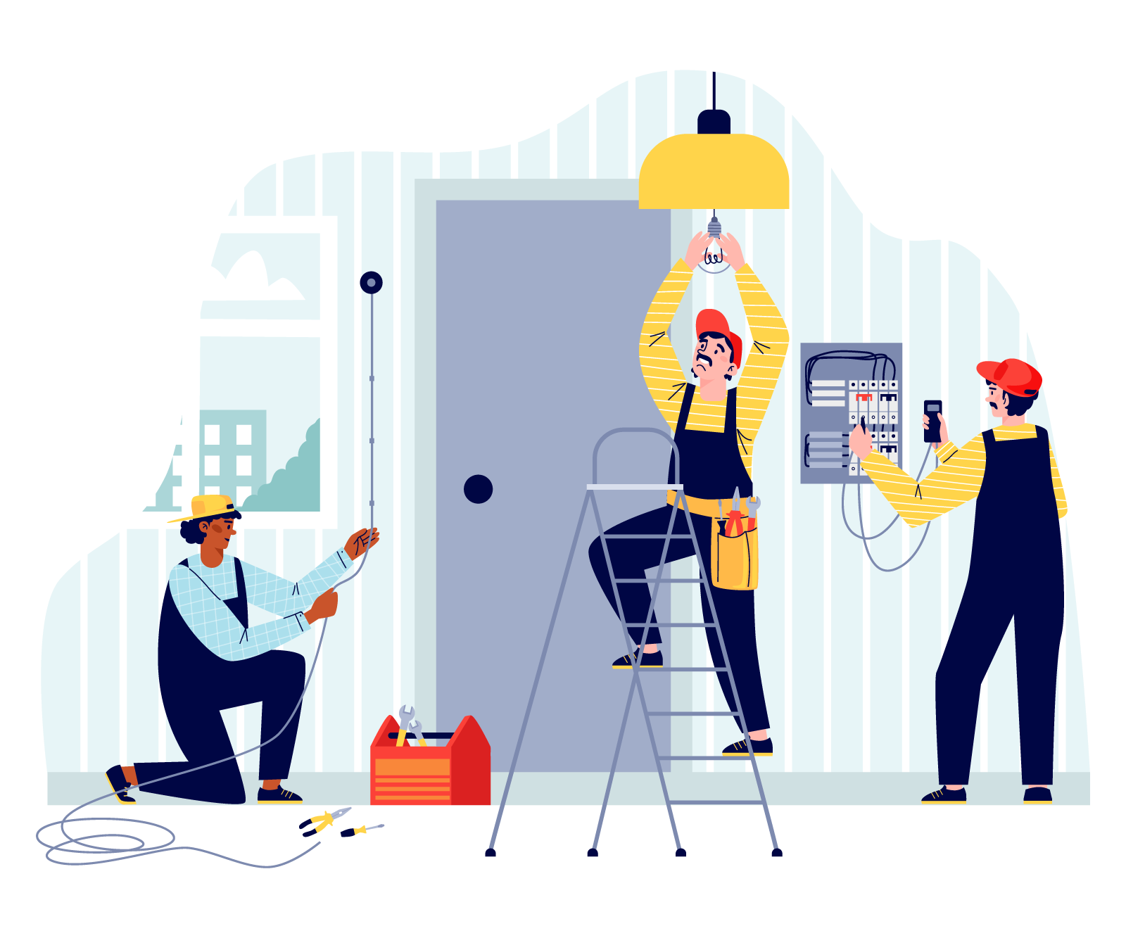 Three electricians working on installing or repairing electrical wiring in a room, with one standing on a ladder and two others on the ground, while one takes a photo of the work.