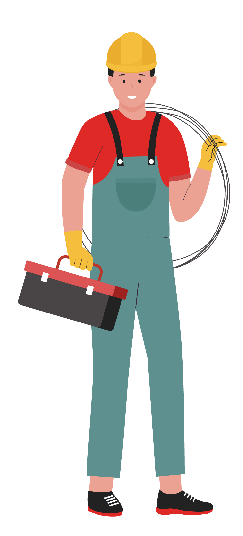Illustration of a young man wearing a yellow hard hat, red shirt, teal overalls, yellow gloves, black sneakers with red soles, holding a toolbox in his right hand, and a coil of wire in his left hand.
