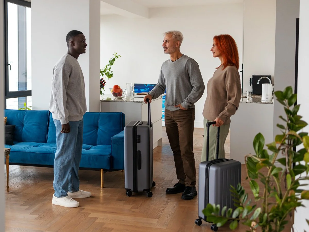 Three people in a modern apartment, two with rolling suitcases, talking to a younger man near a blue sofa.