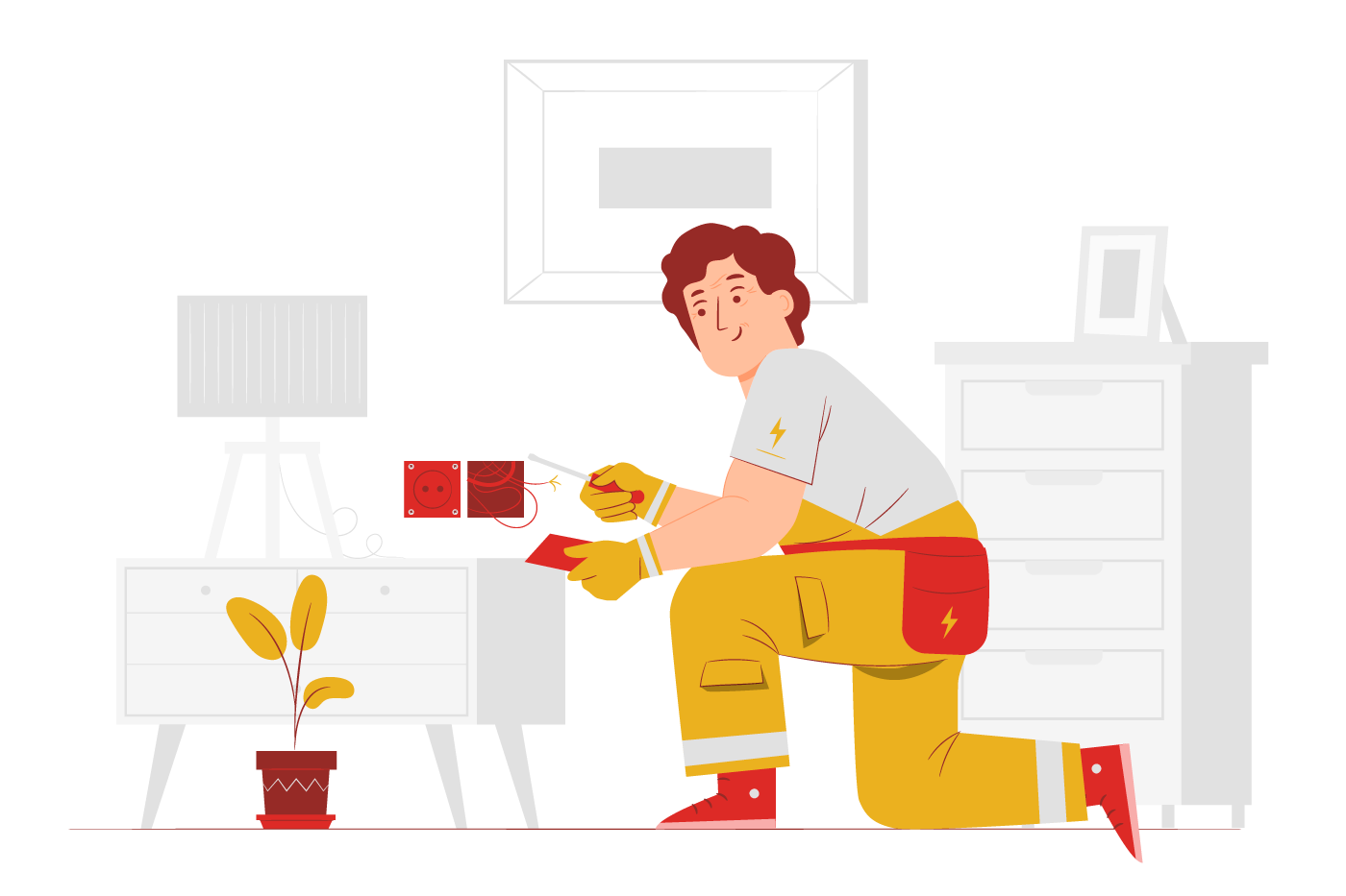 A person in yellow workwear cleaning an electrical outlet with a screwdriver in a modern living room.