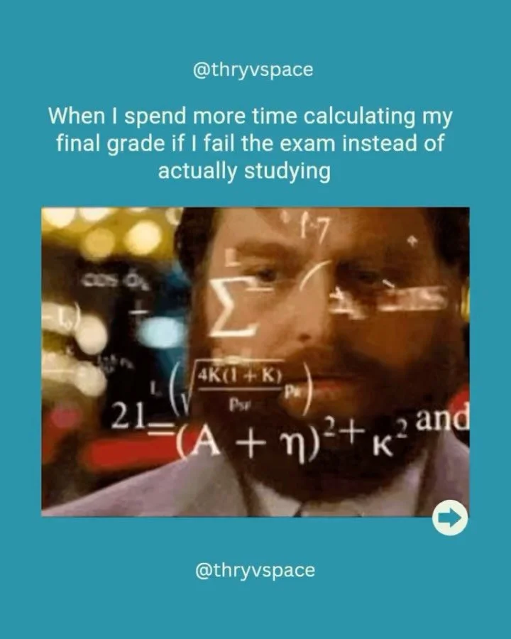 These are a little too relatable right now 🙃&nbsp;

Finals season really has me feeling all the feels but I&rsquo;m here to remind you that you&rsquo;re doing great + you&rsquo;re almost done! 

Hang in there! 🫶

For more support visit the ThryvSpa