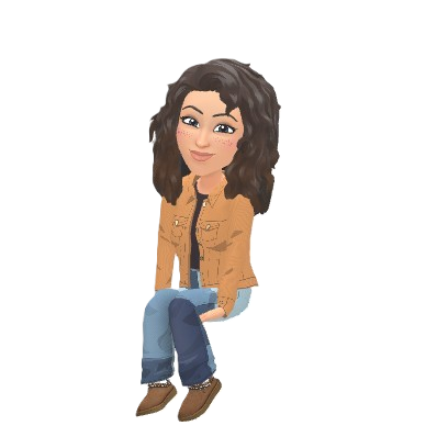 Illustration of woman with long brown hair wearing a blue top and black pants.