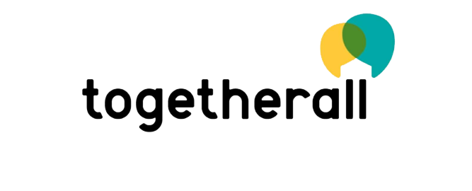 Logo with the word "togetherall" in black lowercase letters on a yellow background, with overlapping speech bubbles in yellow, teal, and green.