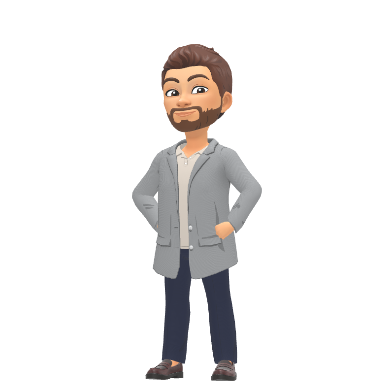 Cartoon illustration of a man with a beard, wearing a gray jacket over a white shirt, dark jeans, and brown shoes, standing with hands on hips next to a bar or counter.