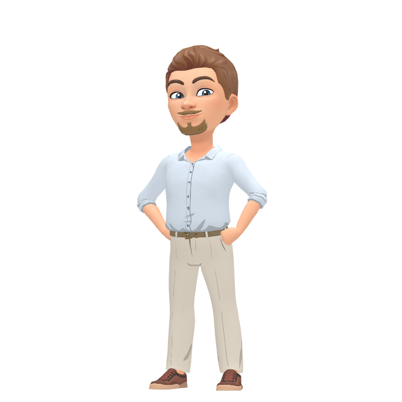 Illustration of man with brown hair and beard standing with hands on hips, wearing a light blue shirt and beige pants.