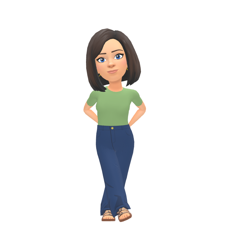 Illustration of woman with shoulder-length brown hair, blue eyes, wearing a green shirt, blue jeans, standing with hands on her hips.