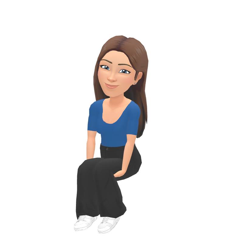 Illustration of woman with long brown hair wearing a blue top and black pants.