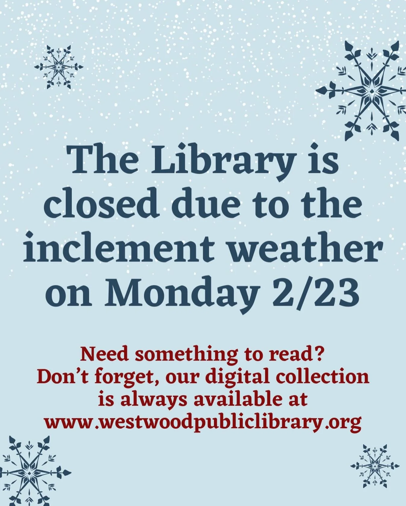 The Westwood Public Library is closed due to the declared State of Emergency.

The regularly scheduled Board of Trustees meeting will be held via Zoom.

For information on how to attend the meeting, please visit:
www.westwoodpubliclibrary.org.