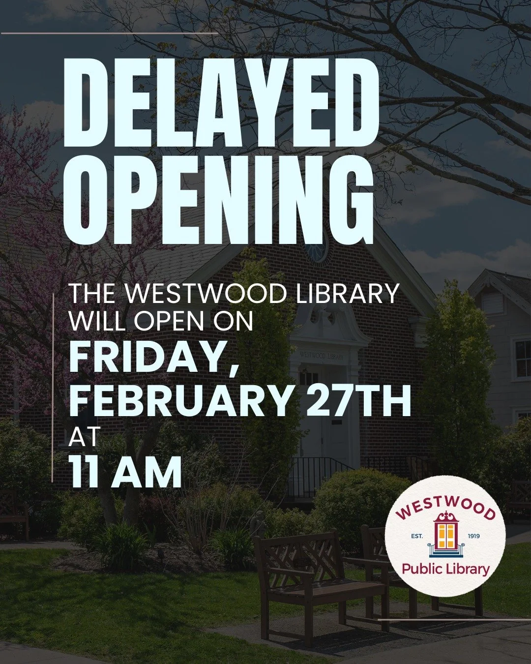 Please note that on Friday, February 27th, we will open at 11:00am due to scheduled staff development.

Thank you for your understanding &mdash; we look forward to seeing you then!