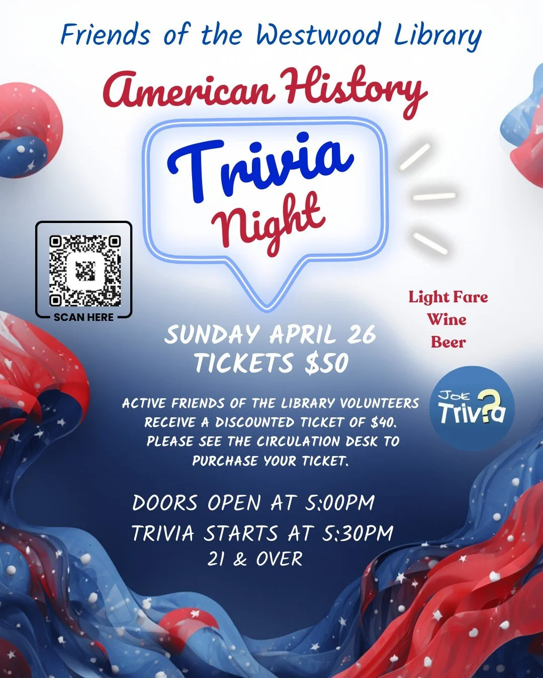 Join the Friends of the Westwood Library as they host an American History Trivia Night as part of Westwood's town-wide celebration of America's 250th anniversary! Light fare, wine, and beer will be served, so grab your friends and test your knowledge