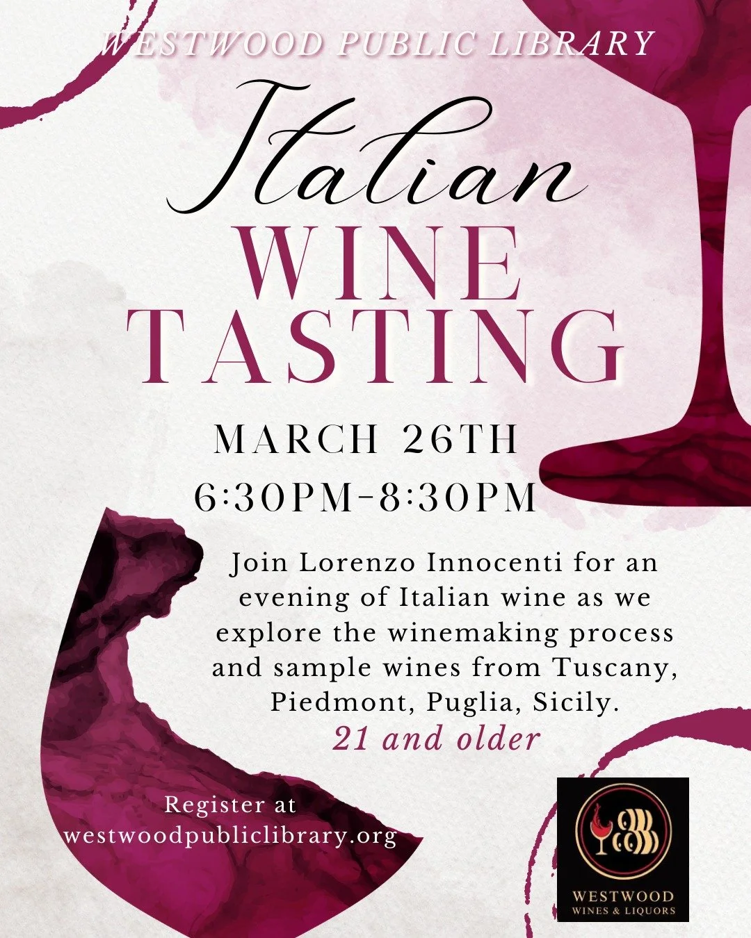 Join Lorenzo Innocenti for an evening of Italian wine as we explore the winemaking process and sample wines from Tuscany, Piedmont, Puglia, Sicily.

📅 Thursday, March 26
🕛️ 6:30pm
🔞 21 and older only.