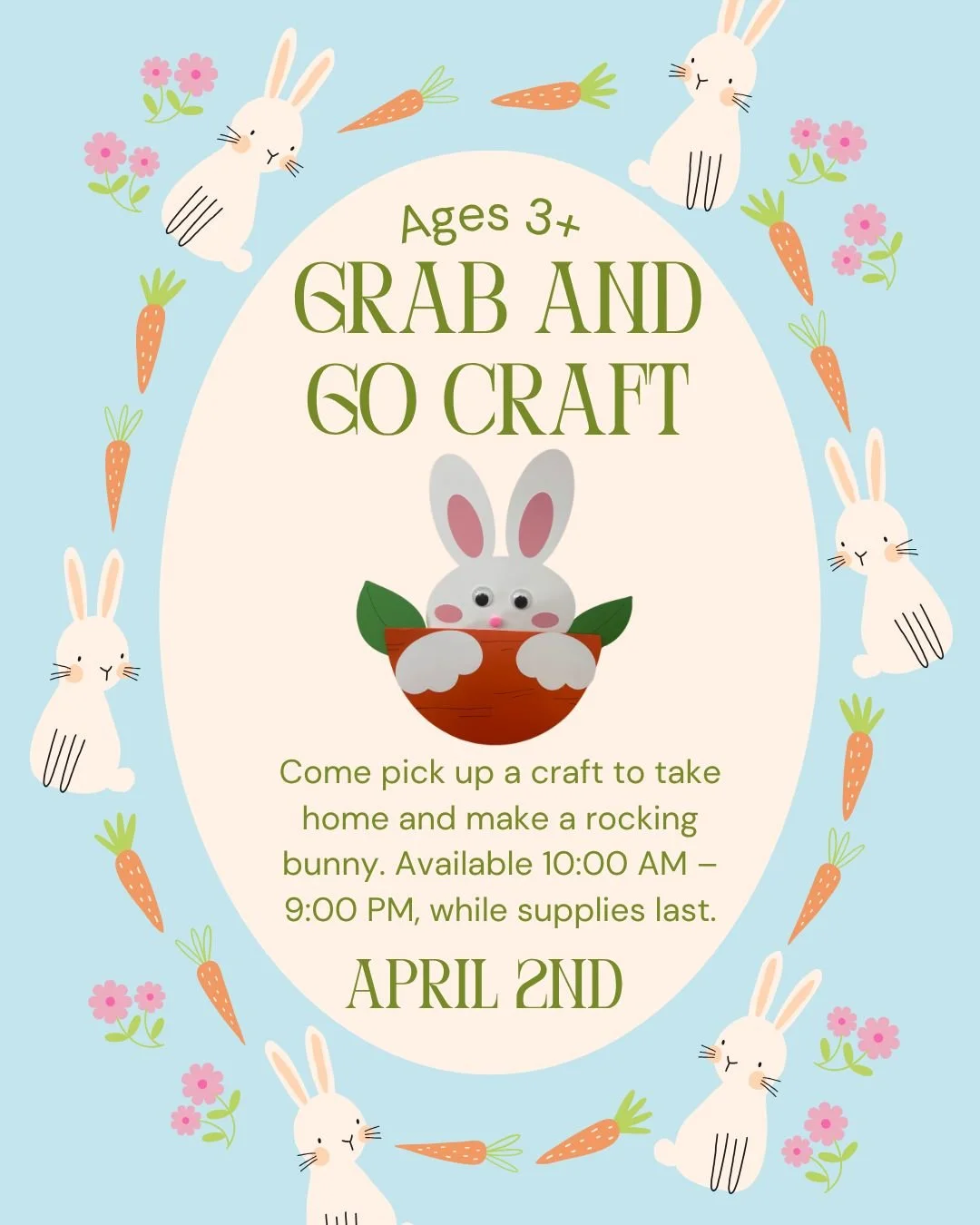 Stop by tomorrow to grab an adorable take-home bunny craft! Available all day tomorrow, April 2nd, while supplies last! 🐰