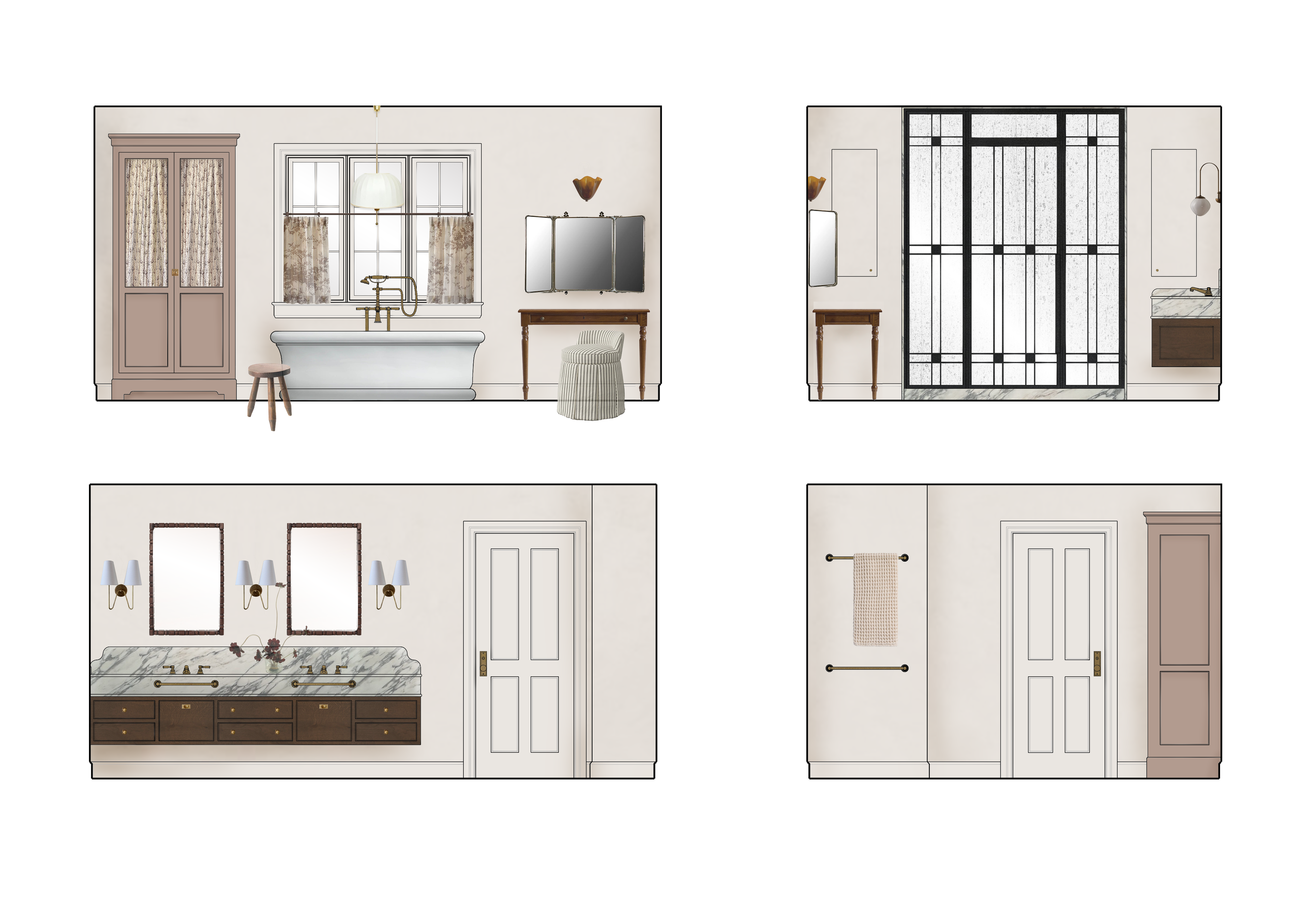 Interior Design rendering by Riccio Vidaurre Design of a traditional bathroom with a freestanding tub, café curtains, antique makeup vanity and floating wood vanity.