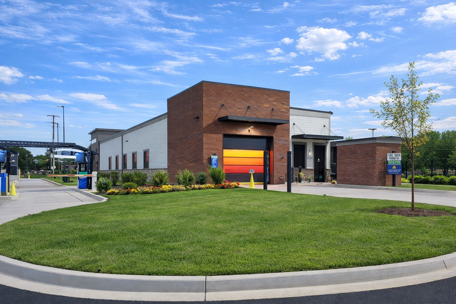 A modern building with a red brick facade and a colorful closed garage door, surrounded by green grass, flowers, and a small tree, under a partly cloudy blue sky.