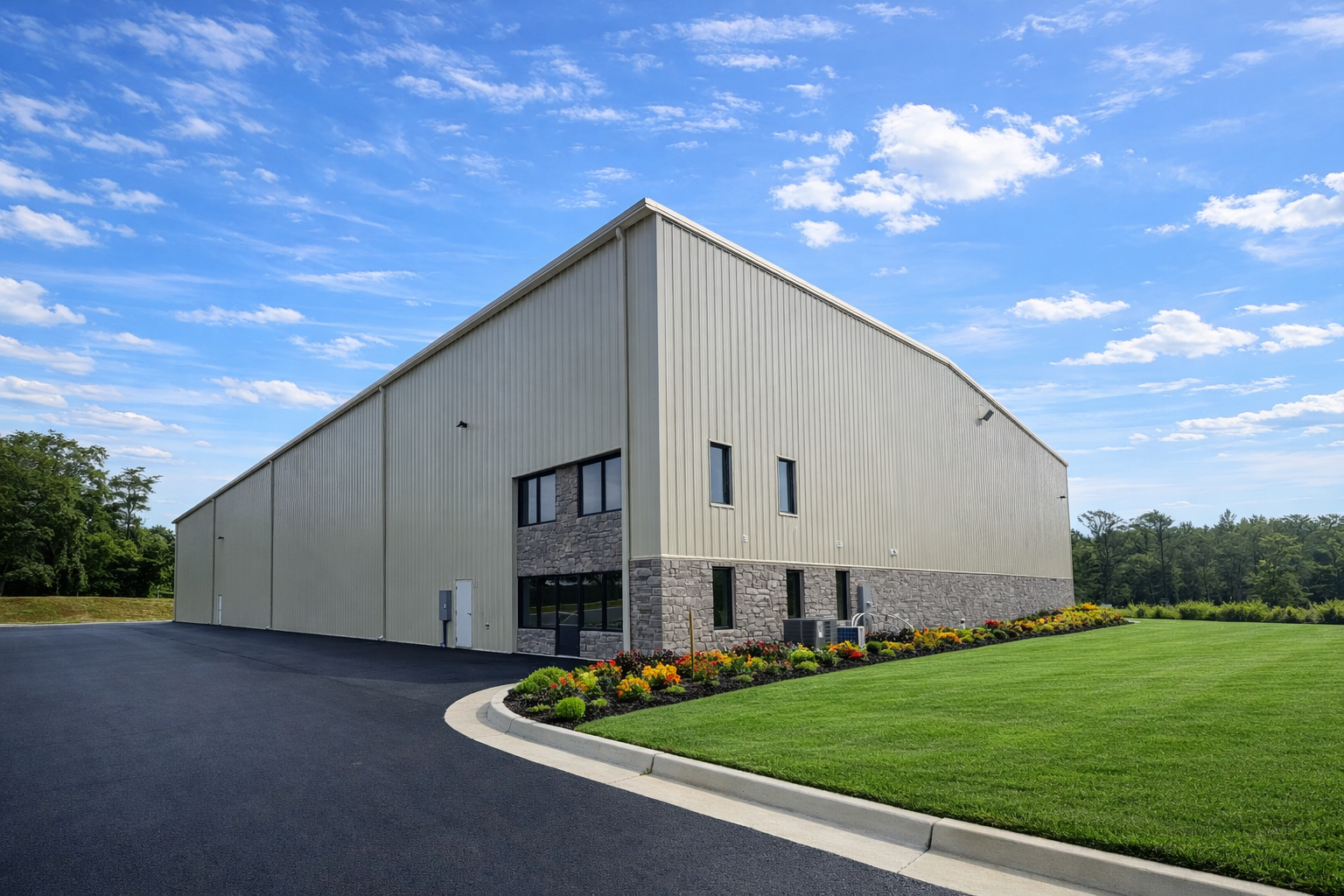 Large industrial building with beige metal siding, stone accents, and multiple windows, surrounded by a well-manicured lawn and colorful flower bed, under a partly cloudy blue sky.
