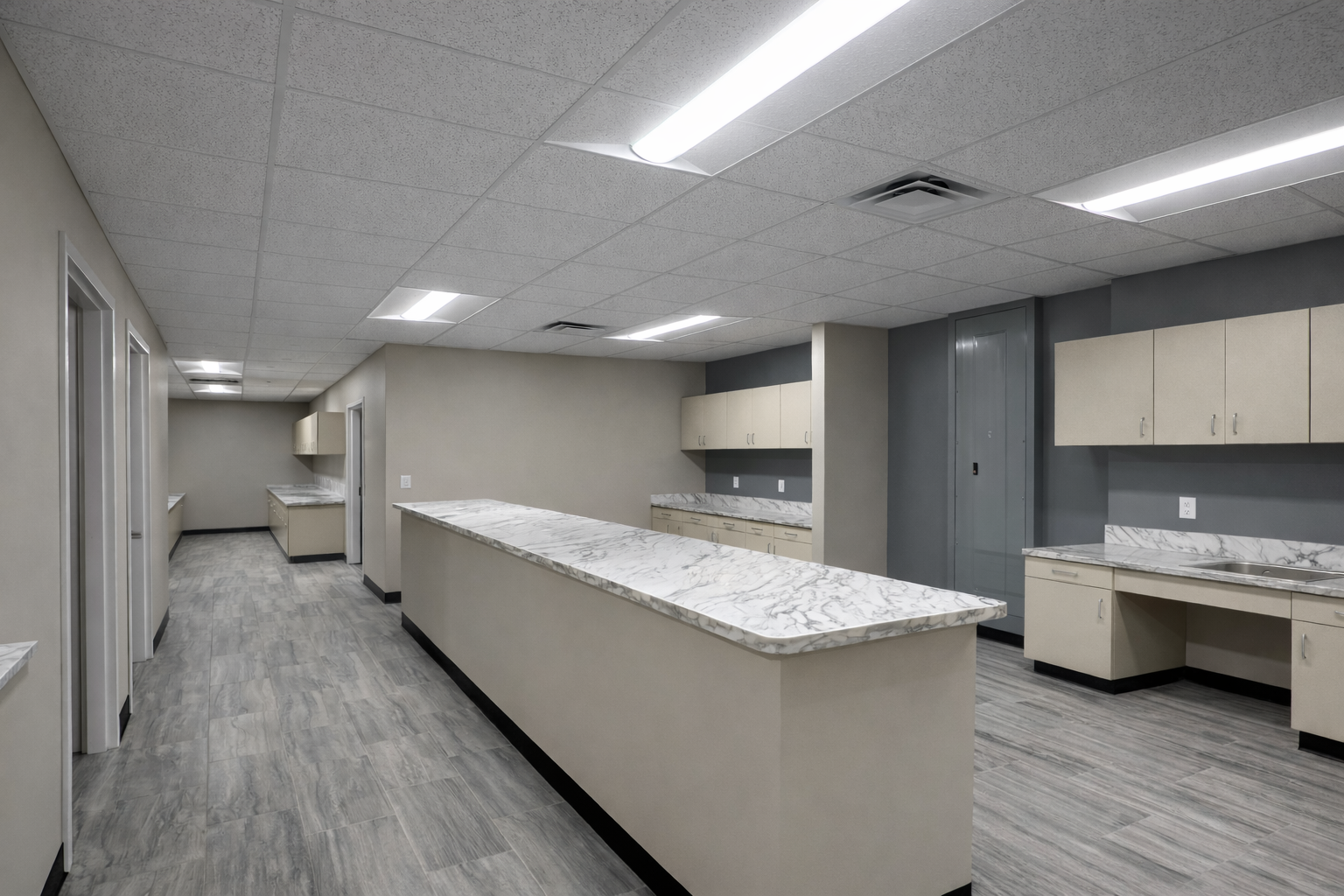 Empty industrial kitchen with gray flooring, light beige cabinets, gray wall panels, marble countertops, and fluorescent ceiling lights.