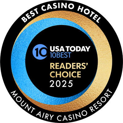 Circle-shaped award badge with a black border reading "Best Casino Hotel Mount Airy Casino Resort." The inner circle features the USA Today "10Best" logo with "Readers' Choice 2025" in gold text.